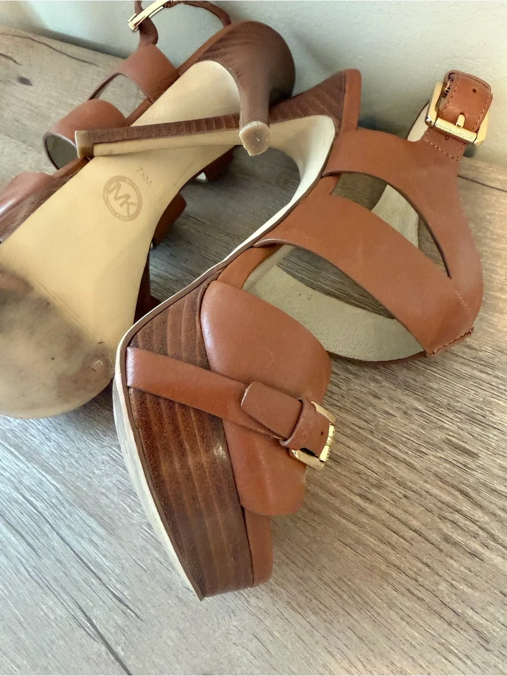 Michael Kors Tan Leather Platform Stiletto Sandals with MK Medallion
